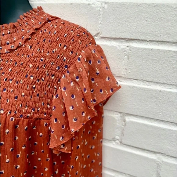 Jade Melody Tam Smocked, Long Sleeve Blouse in Burnt Orange, SZ L EUC - Picture 5 of 7